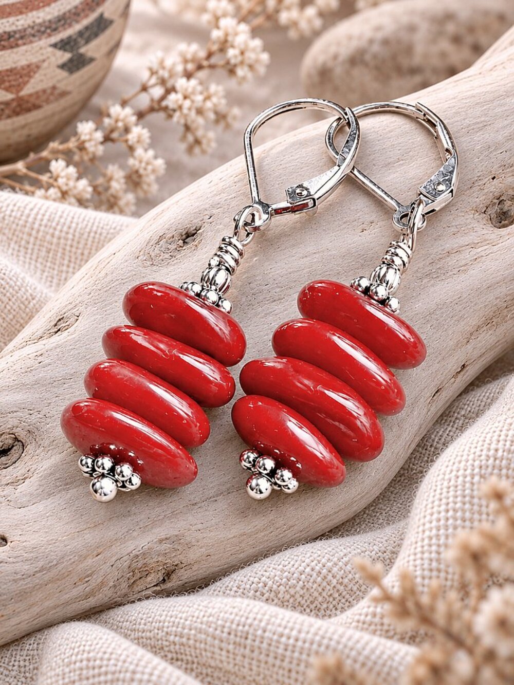 Red Coral Earrings Sterling Silver Southwest Boho Western Leverback Dangle